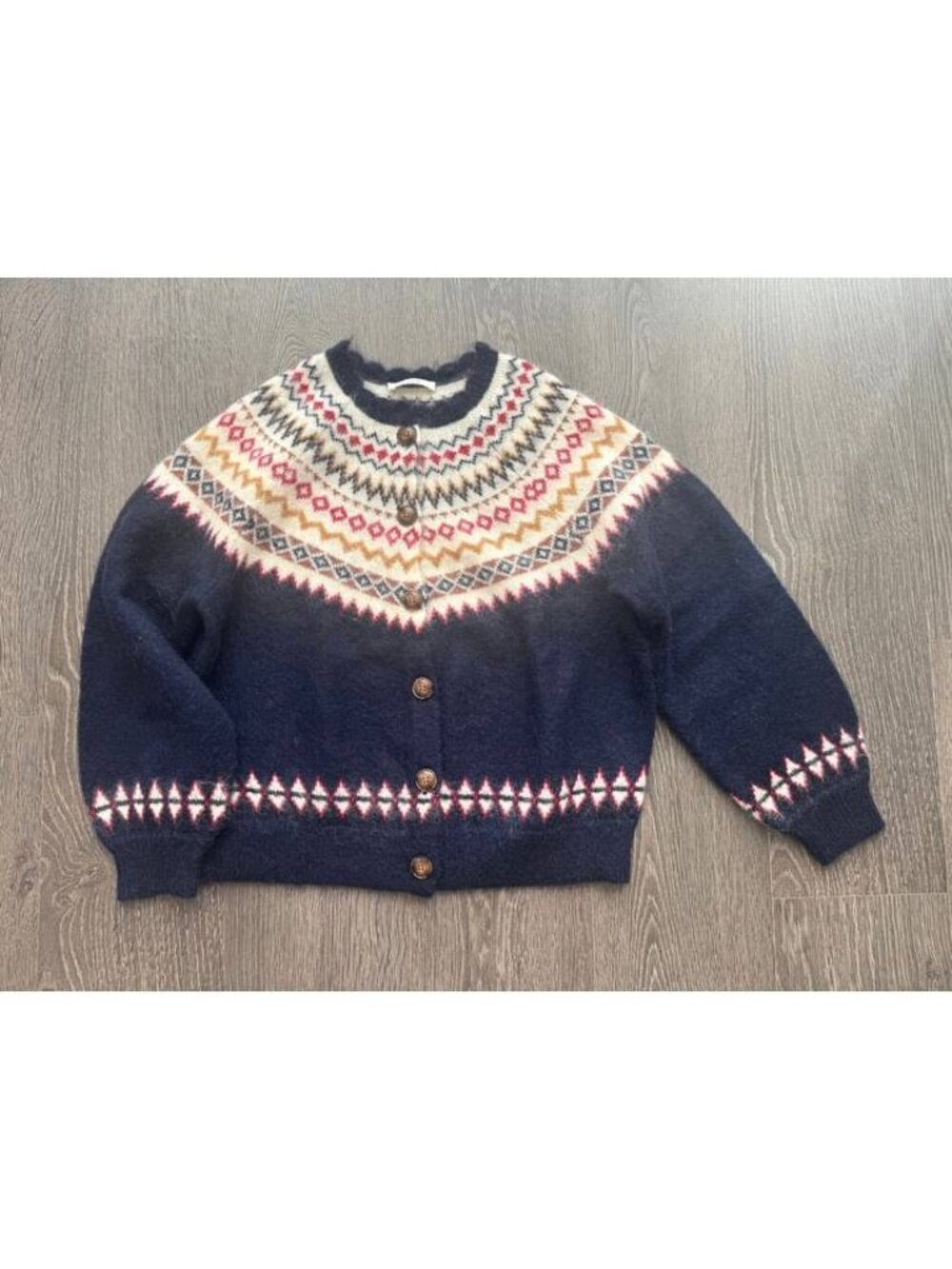 Doen Harvest Mohair Wool Cashmere Knit Print Cardigan Top Navy Oslo Fair Isle L